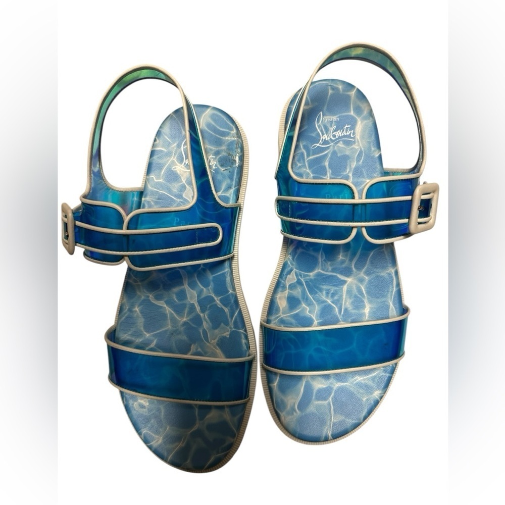 Christian Louboutin Nappa PVC Duniss Cool Flat Sandals Blanco/Blue Sz 39 - Picture 10 of 16